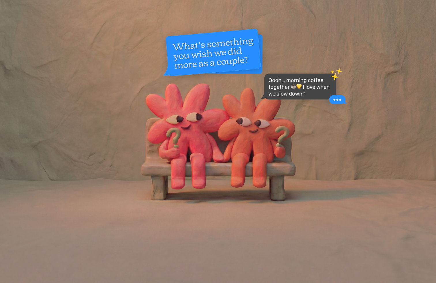 A Couple Questions - Two cute characters sitting on a bench discussing meaningful questions